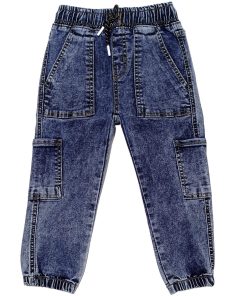 Multi-Pocket Comfort Full Elastic Waist Acid Wash Cargo Pants - Blue