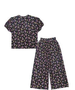 Multicolor Floral Short Puff Sleeves Cotton Fabric Top & Flare Trouser -Black