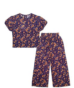 Orange mini Flowers Cotton Short Top & Plazzo - Dark Purple