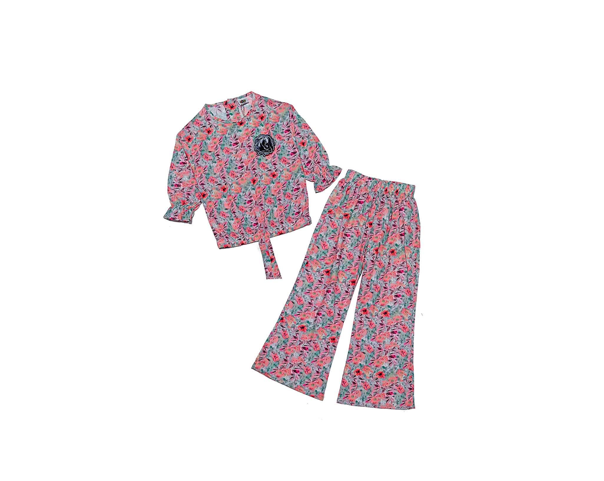 Peanut Flowers Three Quarter Sleeves Cotton Short Top & Flaper Trouser – Grey