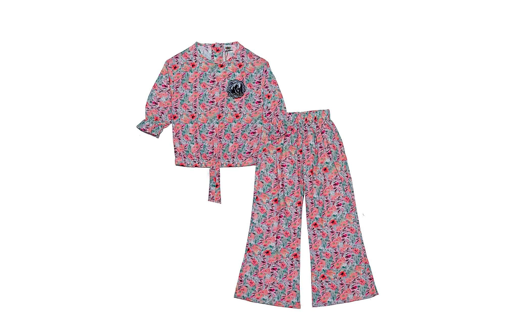 Peanut Flowers Three Quarter Sleeves Cotton Short Top & Flaper Trouser – Grey