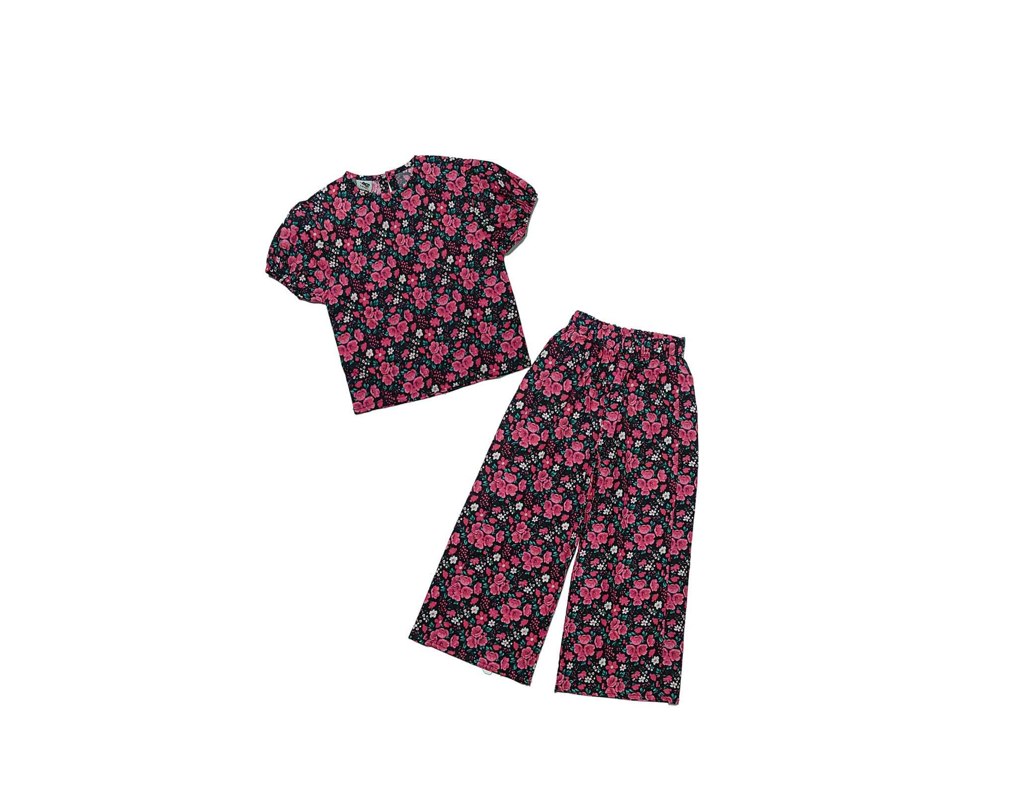 Pink Floral Short Puff Sleeves Lawn Fabric Top & Flare Trouser -Black