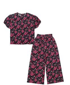Pink Floral Short Puff Sleeves Lawn Fabric Top & Flare Trouser -Black