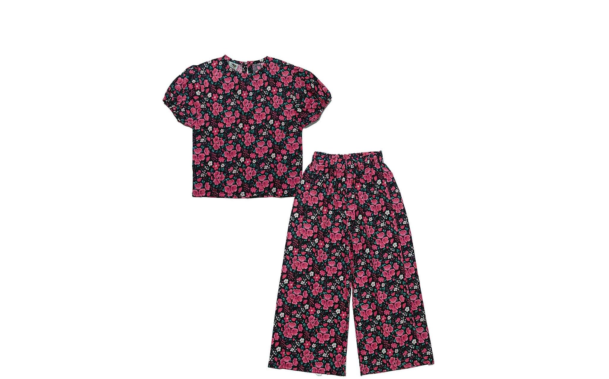 Pink Floral Short Puff Sleeves Lawn Fabric Top & Flare Trouser -Black