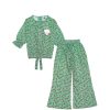 Pink Rose Brouch Cotton Three Quarter Sleeves Top & Flapper Trouser - Green