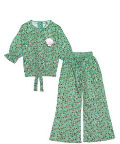 Pink Rose Brouch Cotton Three Quarter Sleeves Top & Flapper Trouser - Green