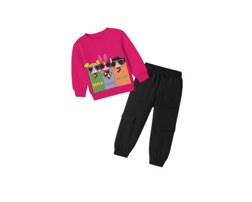 Powerpuff Girls Fleece Sweatshirt with Cargo Trouser - Shocking Pink & Black