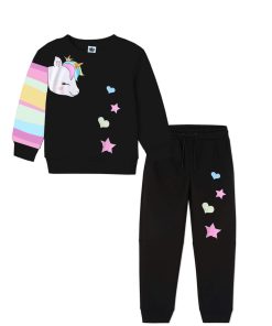 Rainbow Shining Unicorn Fleece Tracksuit - Black