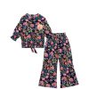Red Floral Three Quarter Sleeves Cotton Short Top & Flaper Trouser – Black