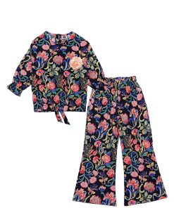 Red Floral Three Quarter Sleeves Cotton Short Top & Flaper Trouser – Black