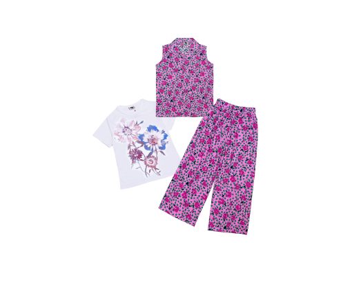 Red Rosses Bunch Cotton 3pcs Suit - Pink