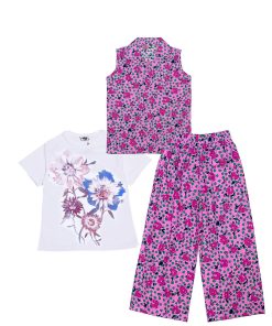 Red Rosses Bunch Cotton 3pcs Suit - Pink