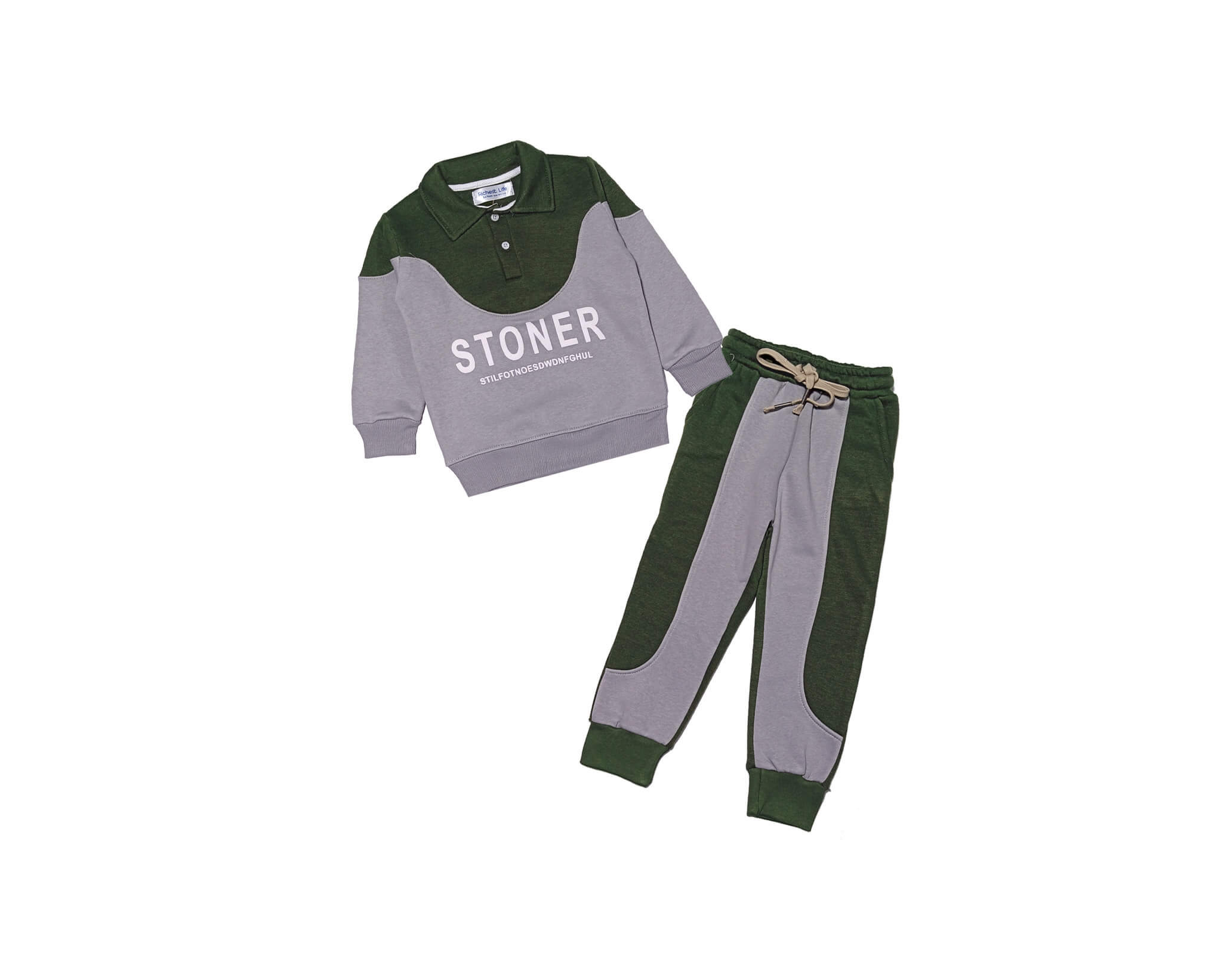 Stoner Round Penal Coller Style Fleece Tracksuit - Green & Grey 1