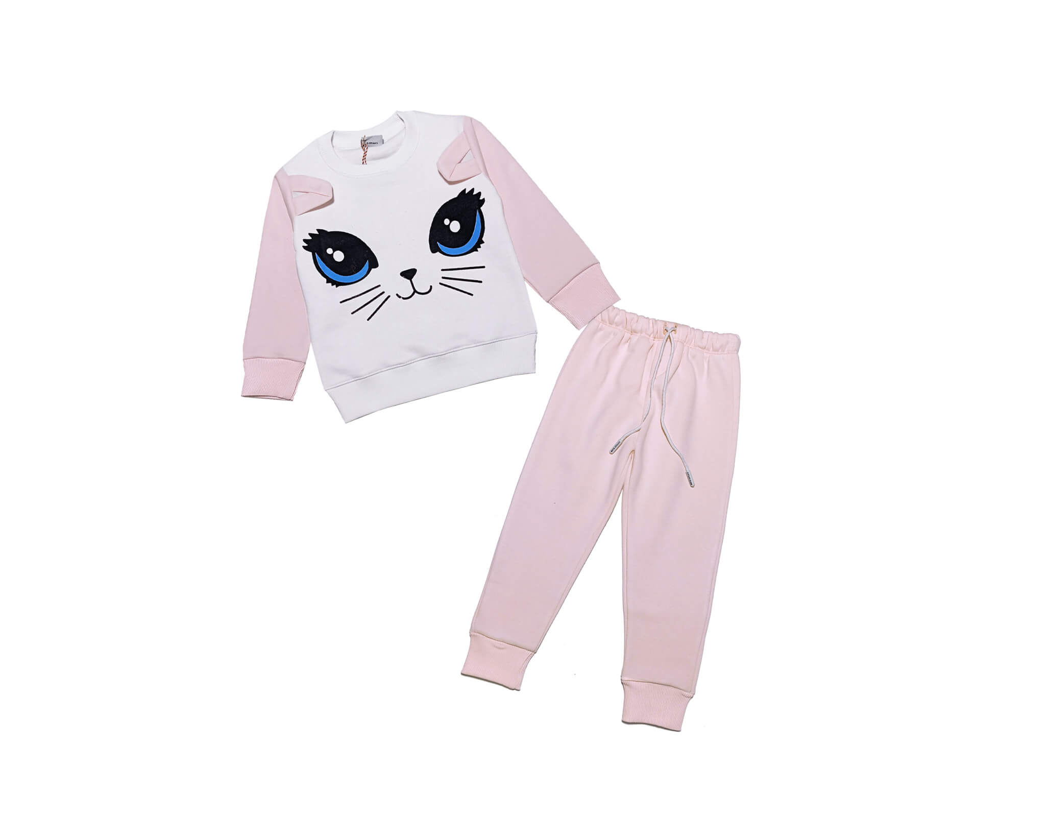 3D Kitty Face Fleece Tracksuit - White & Peach 1