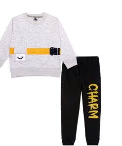 Charm Smile Pocket Fleece Tracksuit - Heather Grey & Black