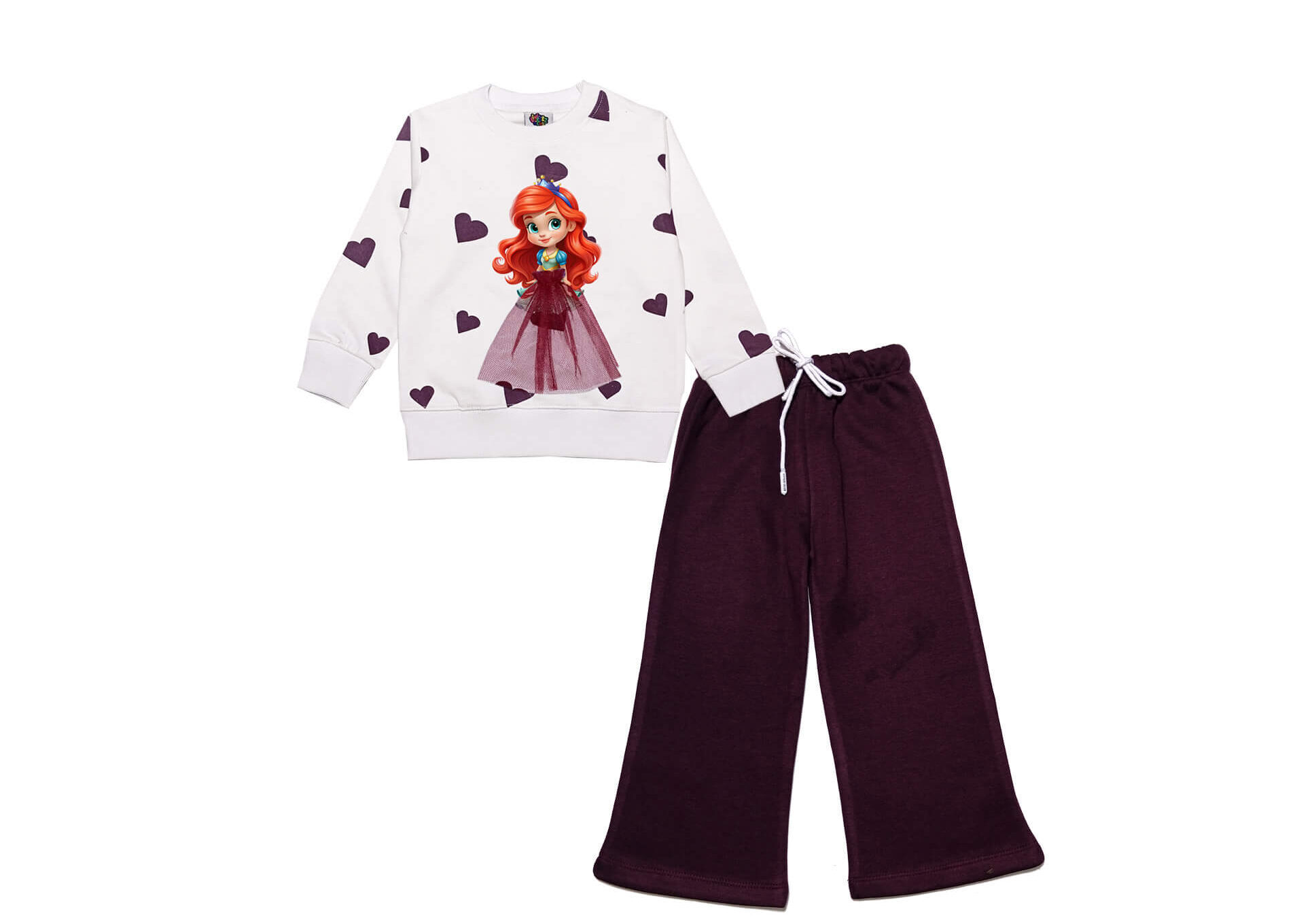 Doll Net Frock Fleece Tracksuit - White & Maroon