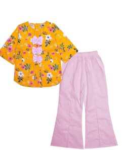 Flowers Bliss Pleatts Cotton Top & Flapper Trouser - Mustard & Baby Pink