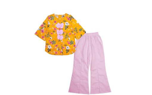 Flowers Bliss Pleatts Cotton Top & Flapper Trouser - Mustard & Baby Pink