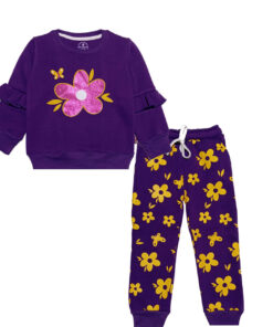 Glitter Flowers Frill Sleeves Fleece Tracksuit - Purple