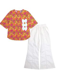 Pink Flowers Garden Pleatts Cotton Top With Flapper Trouser - Mustard & Off White