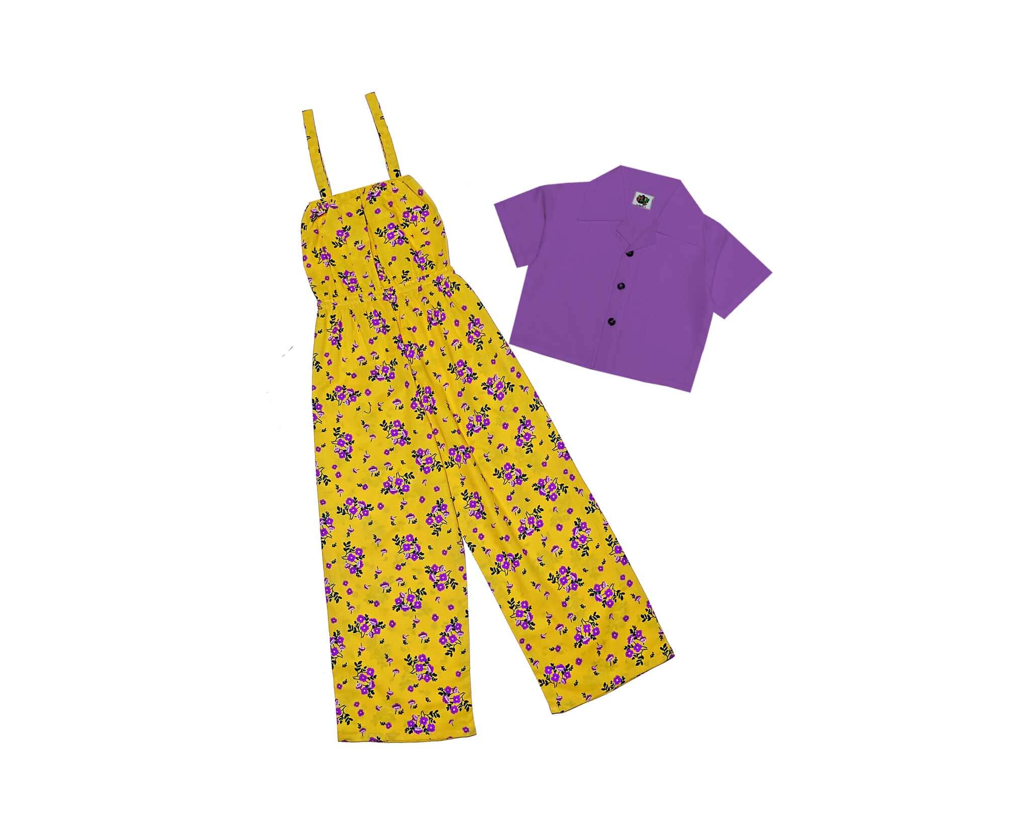 Plum Flowers Jumpsuit with Koti -Yellow & Purple