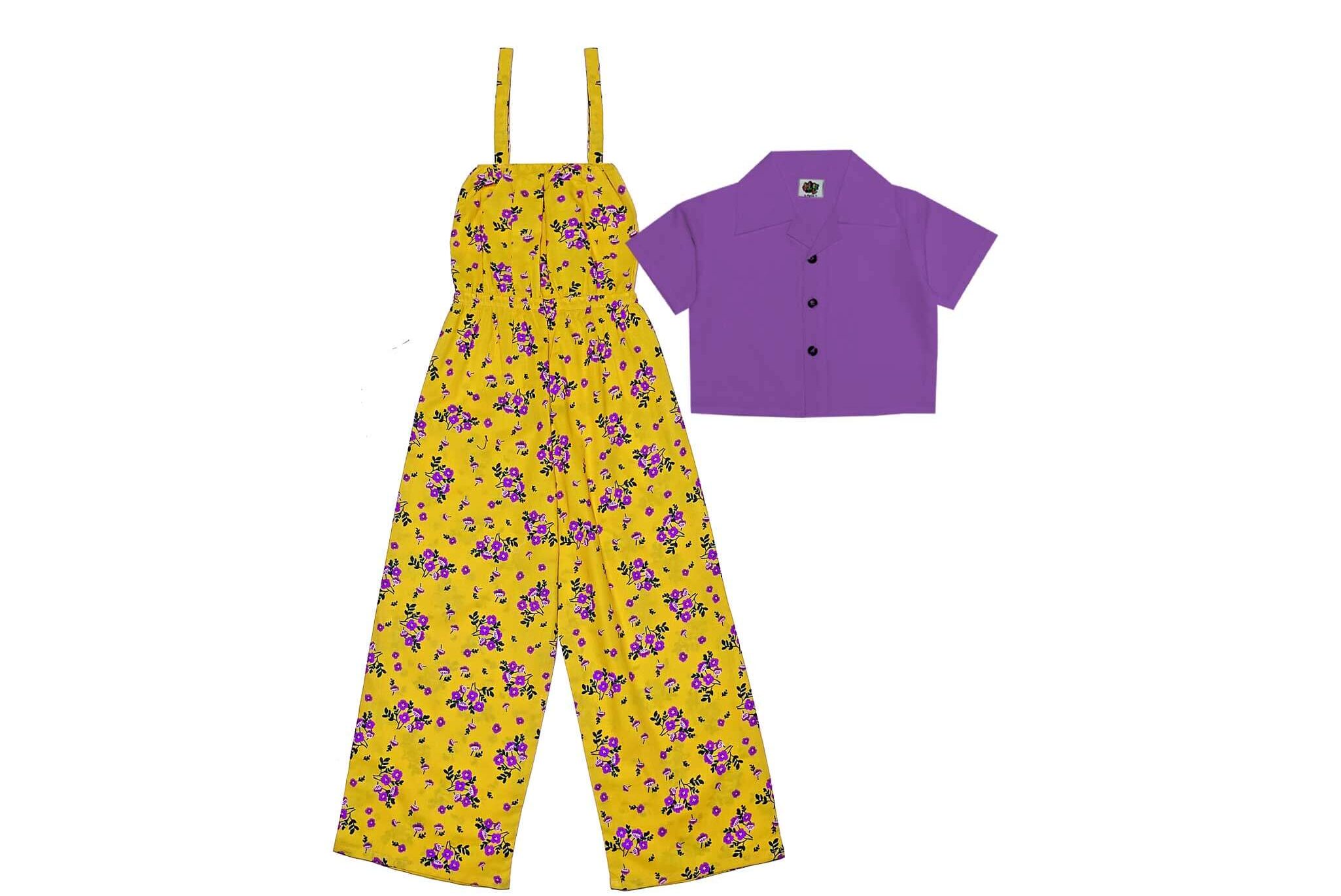 Plum Flowers Jumpsuit with Koti -Yellow & Purple