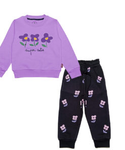Super Cute Flowers Fleece Tracksuit – Soft Purple & Black