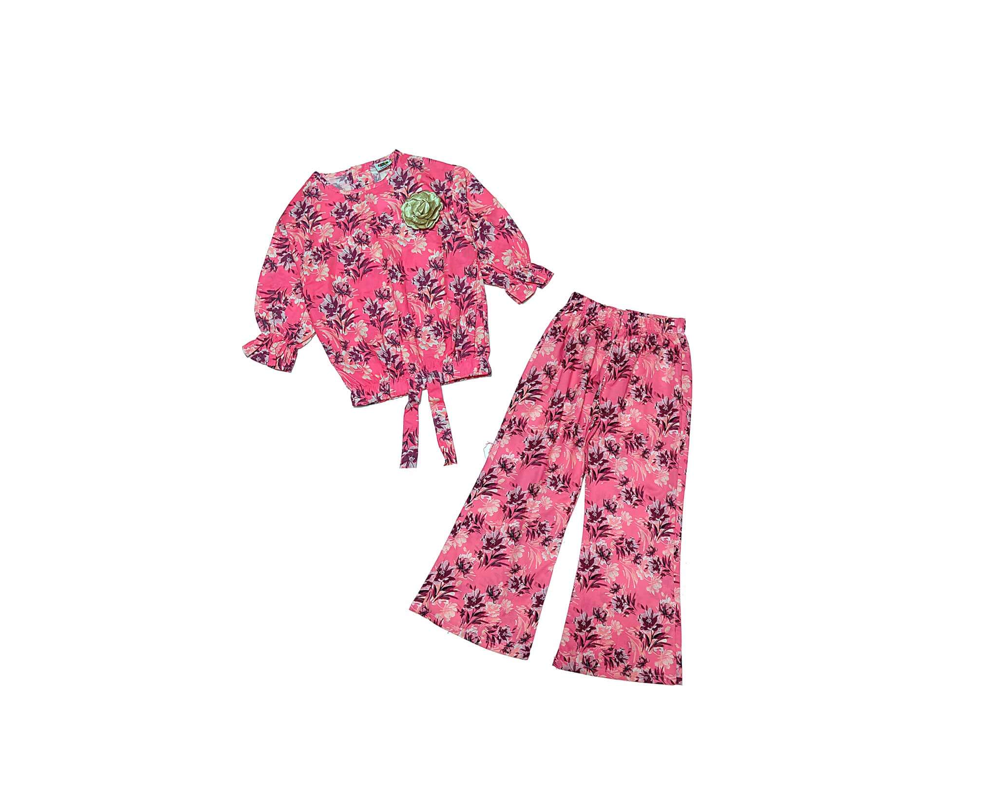 Vintage Plants Cotton Three Quarter Sleeve Top & Flapper Trouser - Rose Pink 1