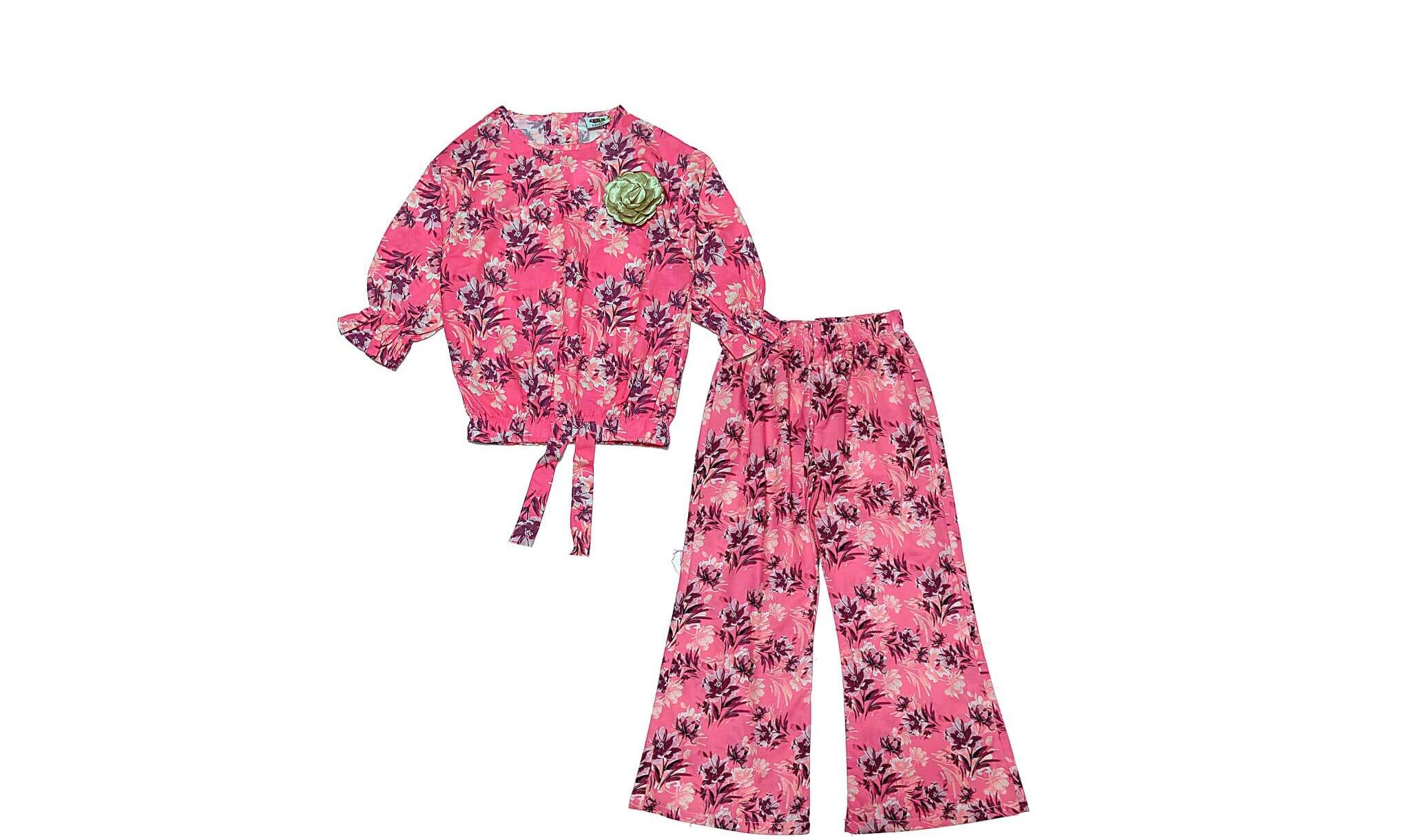 Vintage Plants Cotton Three Quarter Sleeve Top & Flapper Trouser - Rose Pink
