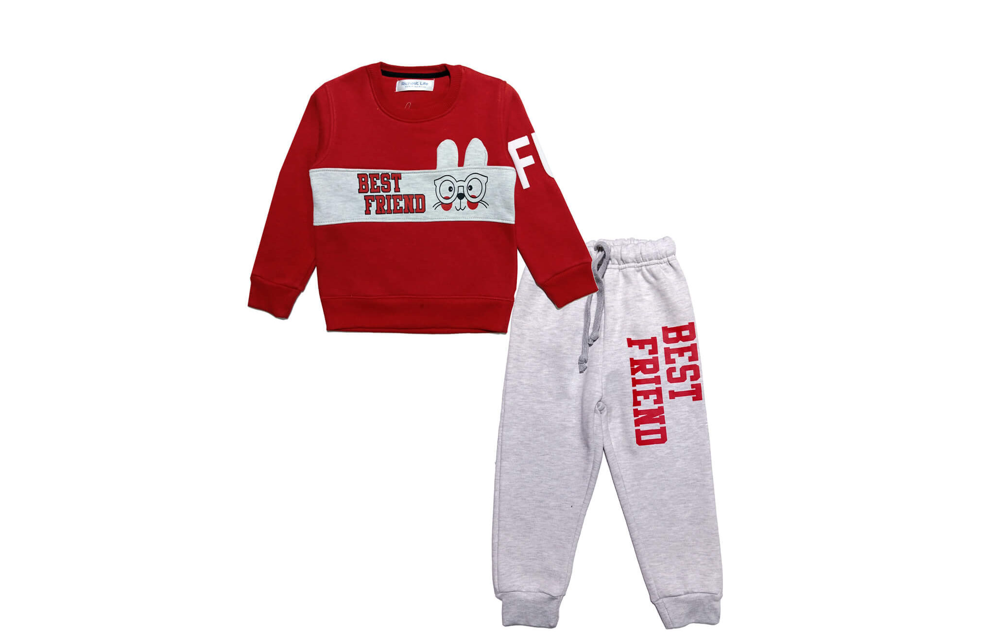 Best Friend Bunny Fleece Tracksuit - Red & Heather Grey