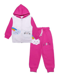 Cute Rainbow Cloud Fleece Hoodie Tracksuit - Shocking Pink
