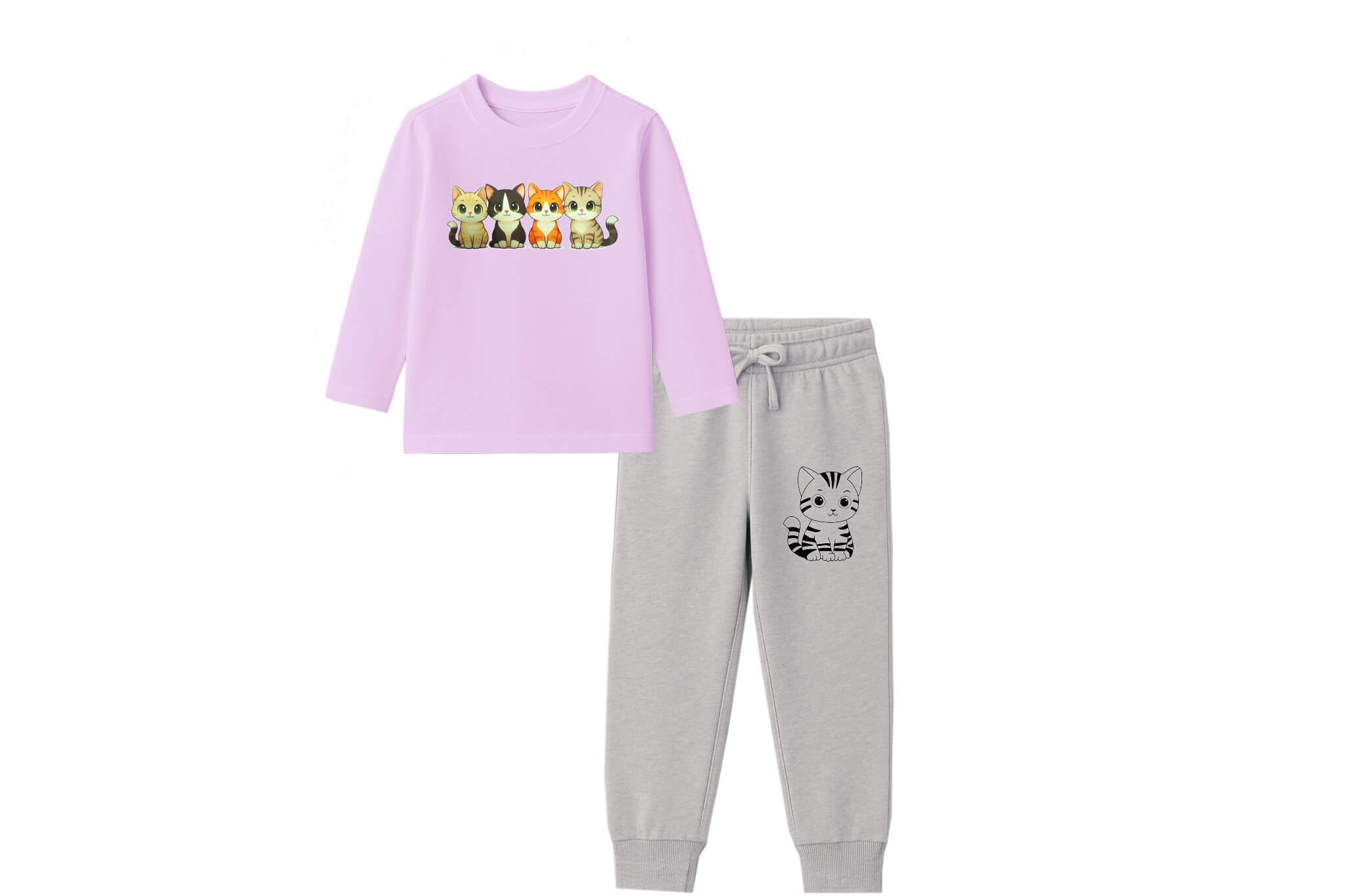 Lovely-Cats-Cotton-Jercey-Full-Sleeves-Tee-&-Trouser---SoftPurple-&-Heather-Grey