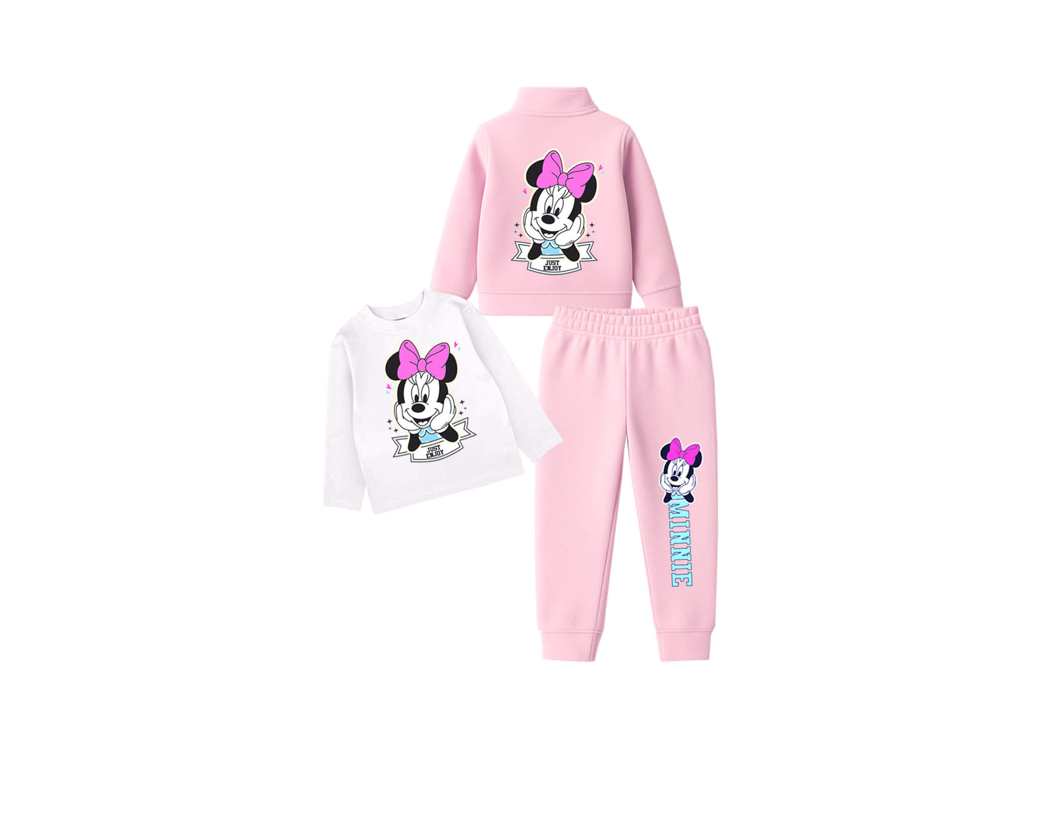 Minnie Just Enjoy Fleece Mock Neck Zipper 3pcs Tracksuit -Baby Pink