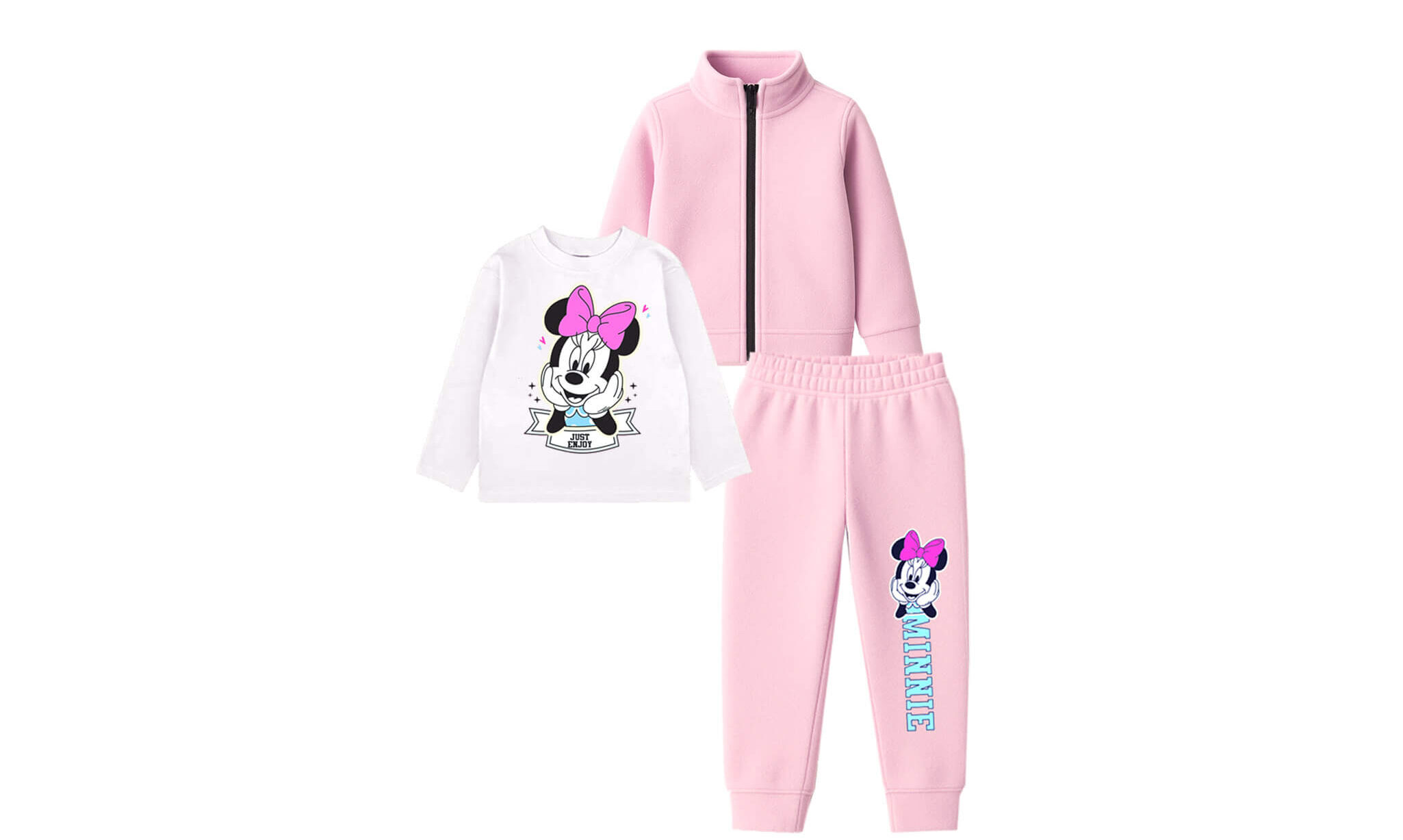 Minnie Just Enjoy Fleece Mock Neck Zipper 3pcs Tracksuit -Baby Pink
