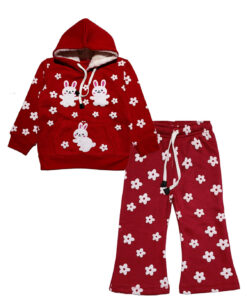 Puff-Rabbit-with-Flowers-Hoodie-Tracksuits---Red