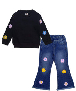 Sunflowers Fleece Sweat with Denim Flapper - Black & Blue