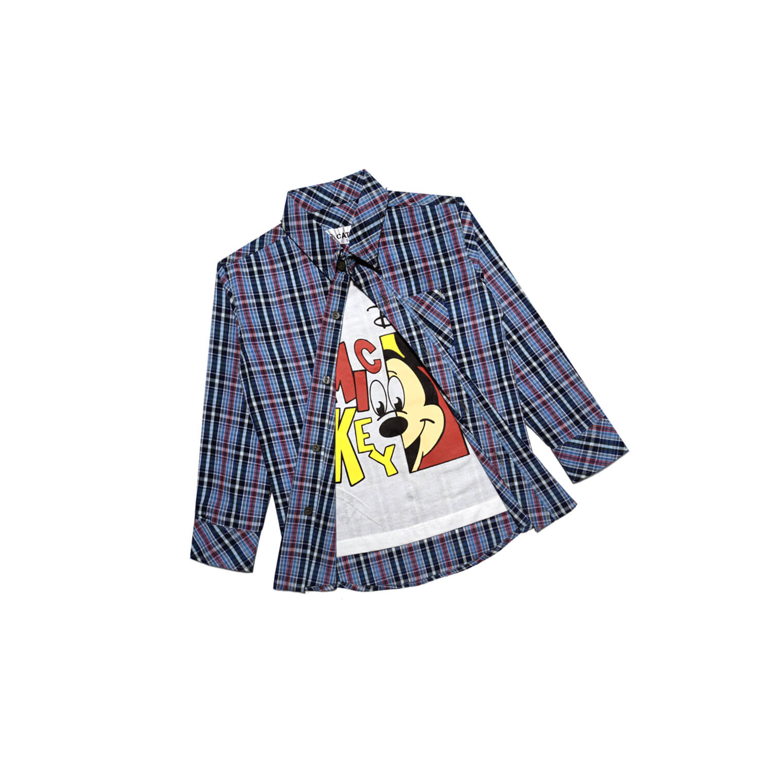 Hide Mickey Checked Twofer Cotton Casual Shirt - Blue