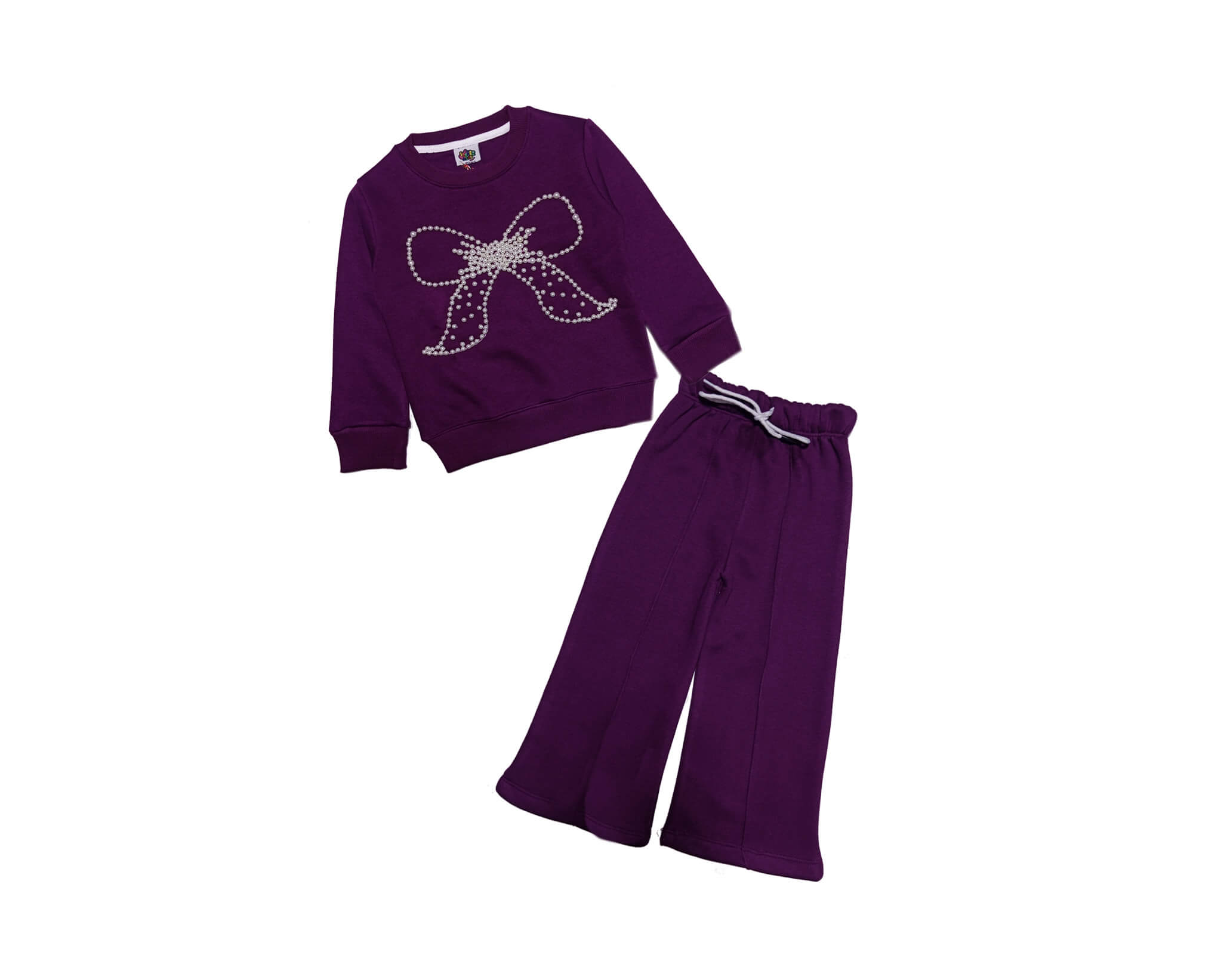 Pearls Hand Made Bow Fleece Sweat with Flare Trouser - Maganta