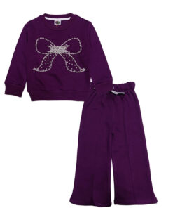 Pearls Hand Made Bow Fleece Sweat with Flare Trouser - Maganta