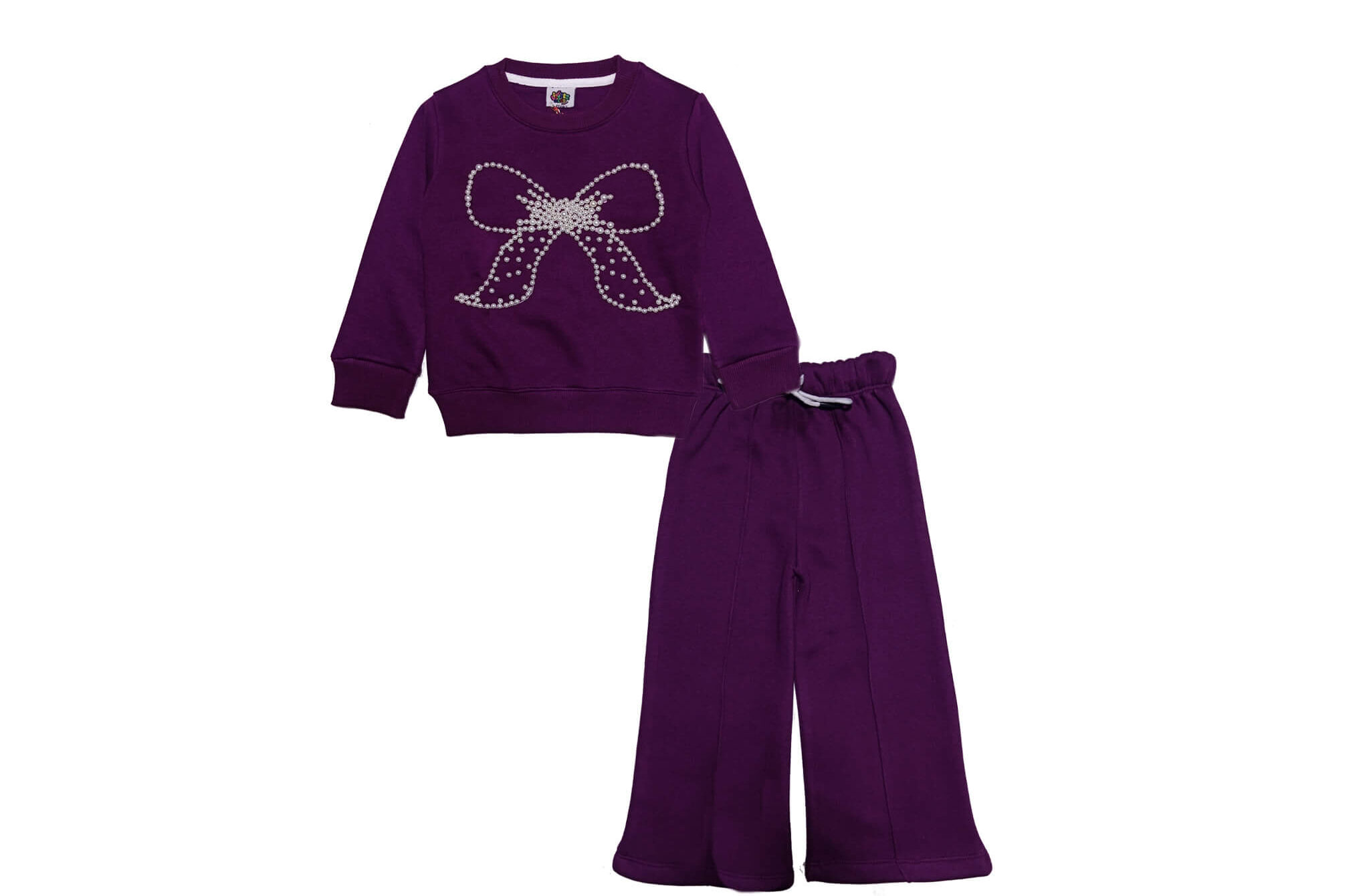 Pearls Hand Made Bow Fleece Sweat with Flare Trouser - Maganta