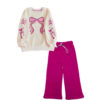 Pink Lovely Bow Bow Fleece Sweat with Flare Trouser - Skin & Shocking Pink
