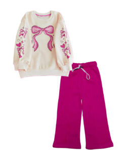 Pink Lovely Bow Bow Fleece Sweat with Flare Trouser - Skin & Shocking Pink