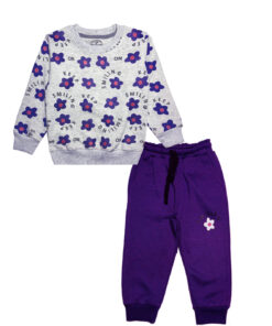 Keep Smilling Sunflowers Fleece Tracksuit - heather Grey & Purple
