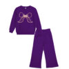 Pearls Hand Made Bow Fleece Sweat with Flare Trouser - Purple