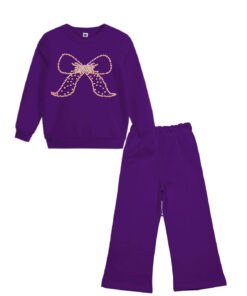 Pearls Hand Made Bow Fleece Sweat with Flare Trouser - Purple