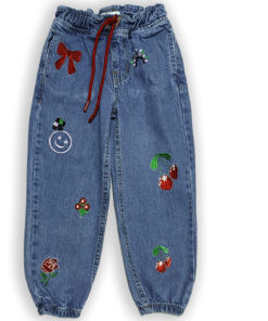 Red Bow & Cherry Mom fit Denim Pant - Light Blue