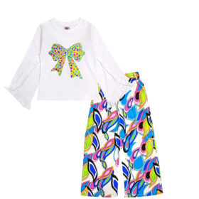 Rainbow Pop Bow Palazzo Set - White & Blue