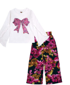 Rosy Bloom Bow Palazzo Set - White & Black