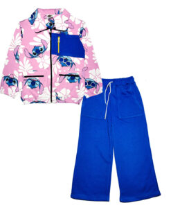 Stitch Zip Pocket Style Terry Mock Neck Sweat & Flare Trouser - Baby Pink & Royal Blue