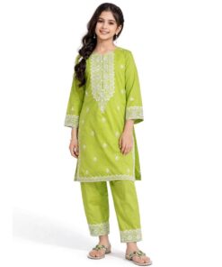 Noor-e-Saba Classic Embroidery Cotton Kurta & Trouser – Mahndi Green